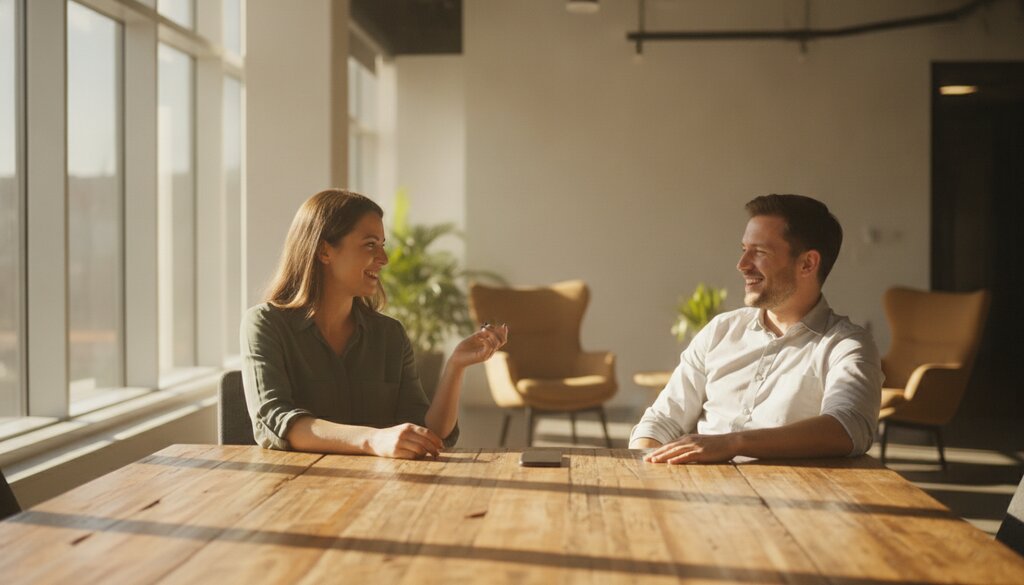 Twee collega's in gesprek aan een houten tafel met een telefoon tussen hen in
