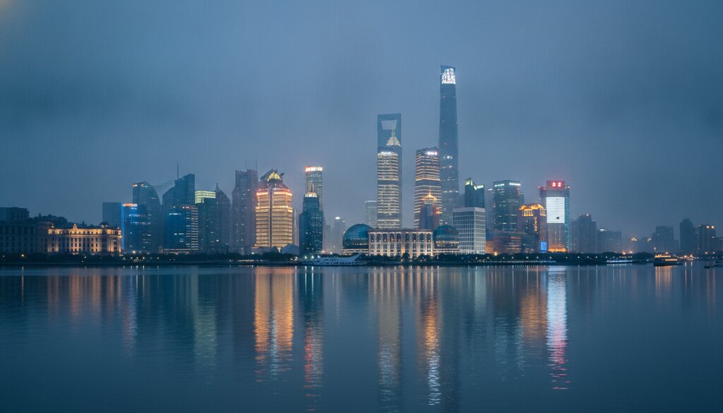 Skyline van Shanghai in het blauwe uur langs de Huangpu-rivier