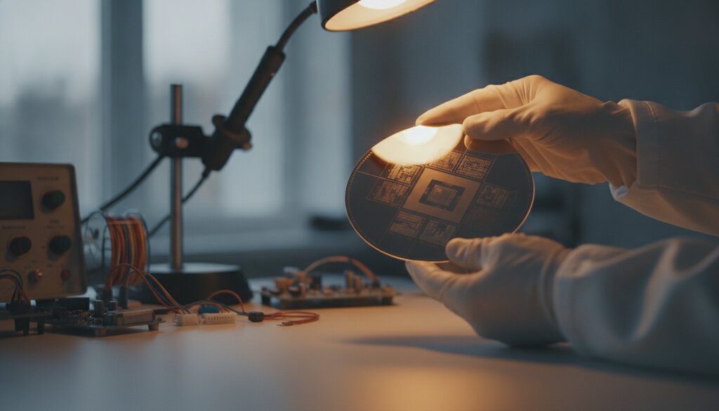 Handen met handschoenen houden een silicium wafer vast in een elektronicalab