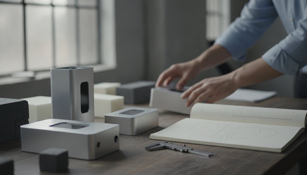 Ontwerpstudio met aluminium prototypes en schuimmodellen op een werkbank