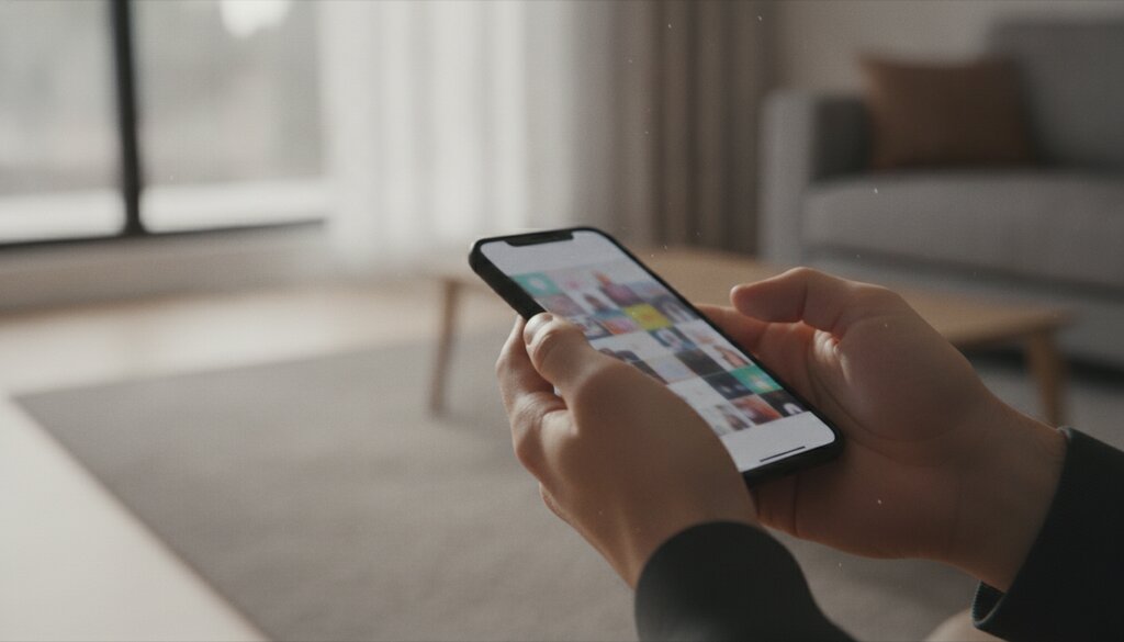 Handen houden een smartphone vast met een fotogalerij op het scherm