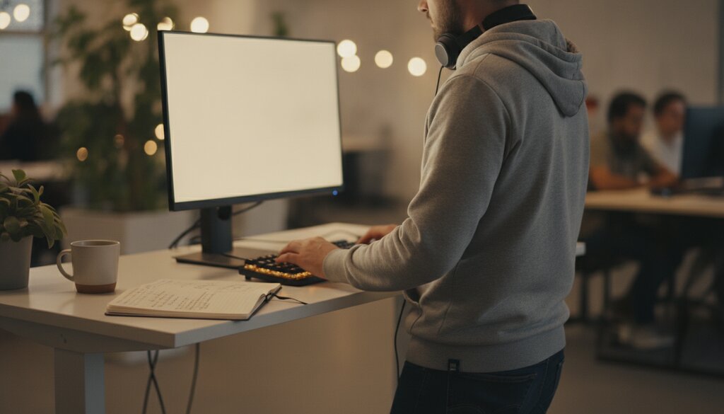 Engineer werkt geconcentreerd aan een implementatieproject in een open kantoor