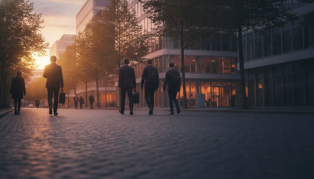 Kantoorgebouw in een Europese stad bij zonsopkomst, met mensen op weg naar werk