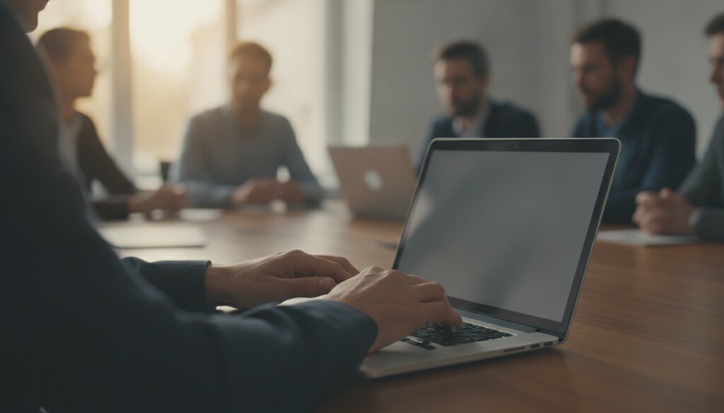 Handen typen op een laptop tijdens een werksessie, collega's op de achtergrond