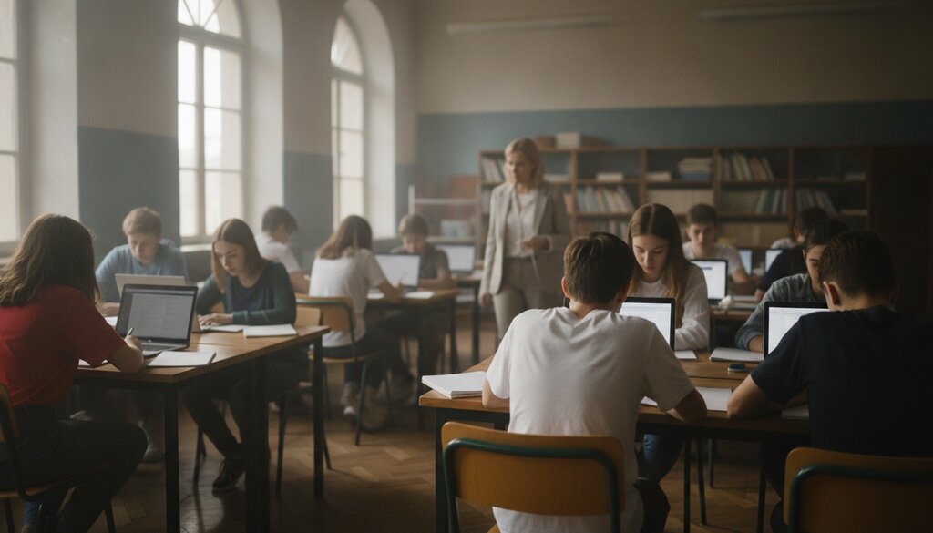Leerlingen werken met laptops en schriften terwijl de docent langs de tafels loopt