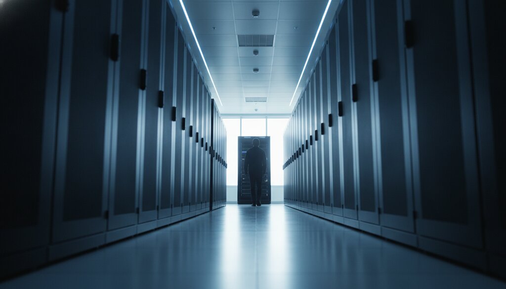 Techneut loopt door een lange gang met serverkasten in een datacenter