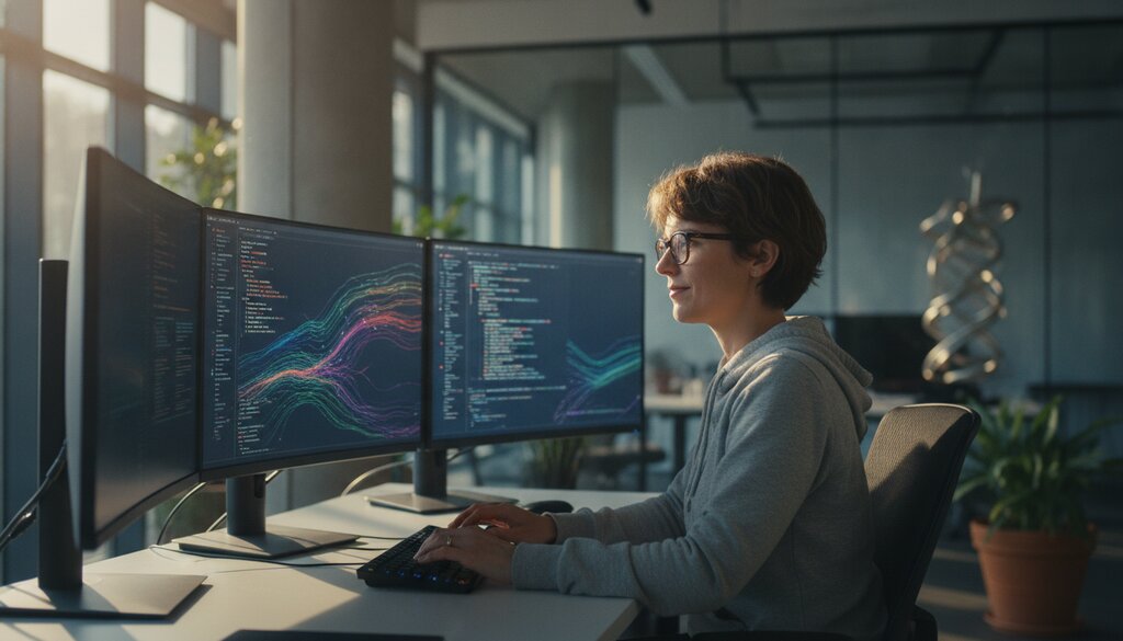 Software-engineer aan een werkplek met meerdere schermen in een tech-kantoor