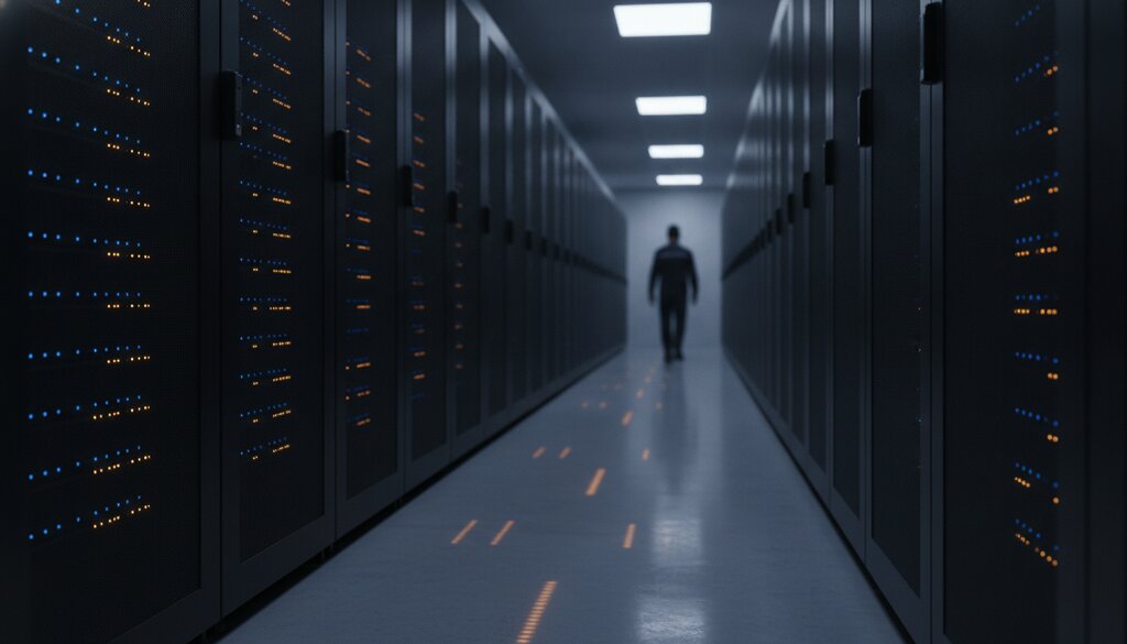 Gang met serverracks in een datacenter, technicus loopt op de achtergrond