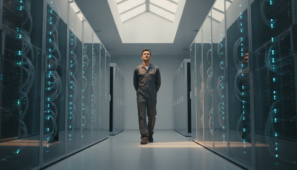 Technicus loopt door een gang met vloeistofgekoelde serverrekken in een datacenter