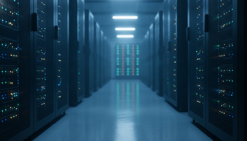 Serverrijen in een modern datacenter met blauwe verlichting