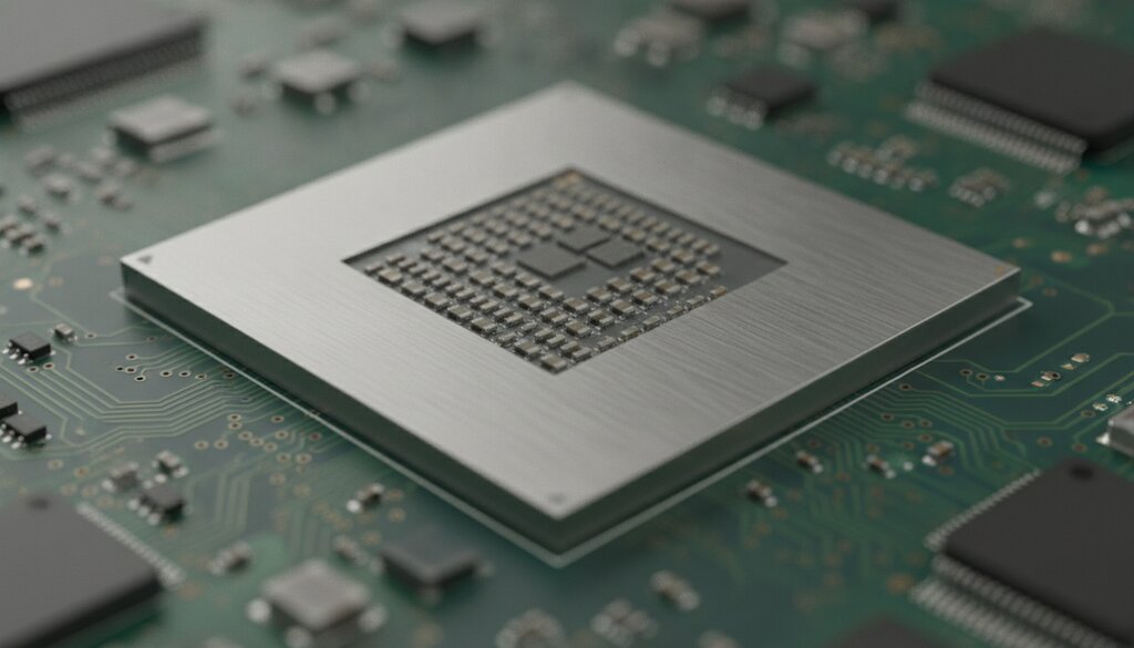 Close-up van een computerchip op een groene printplaat