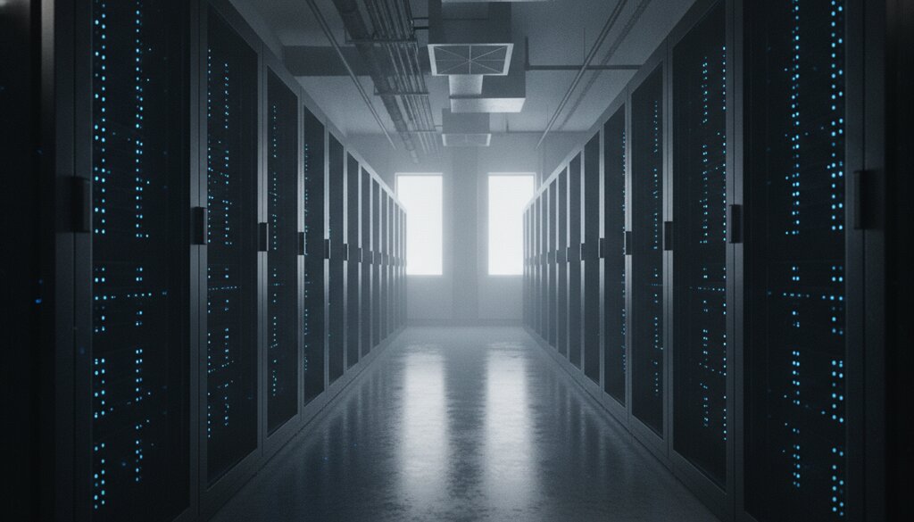 Serverrijen in een datacenter met blauwe indicatielampjes