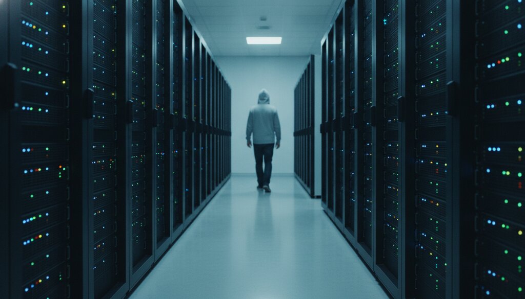 Technicus loopt door een gang tussen serverracks in een modern datacenter