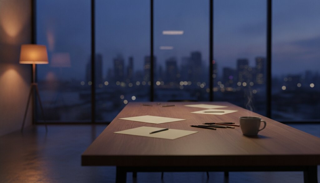 Lege ontwerpstudio in de schemering met papier en potloden op een houten tafel