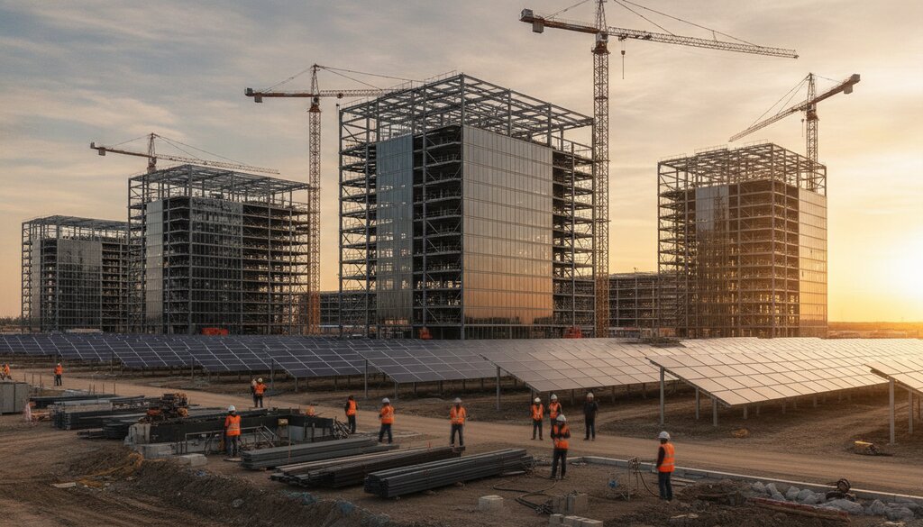 Bouw van een groot datacentercomplex met kranen en zonnepanelen