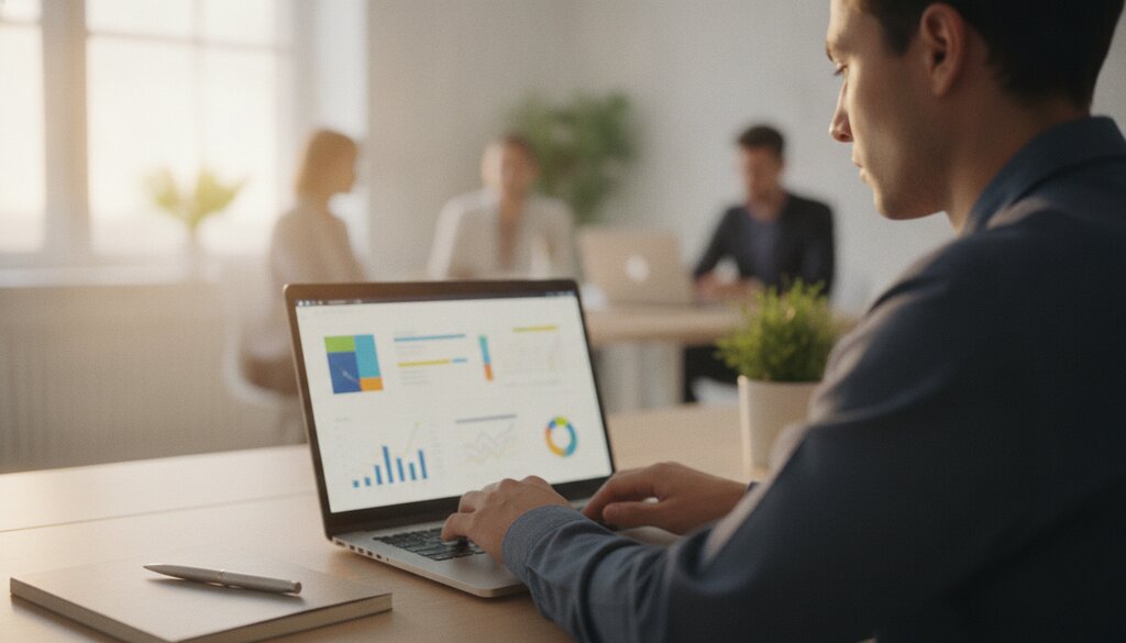 Medewerker werkt met kantoorsoftware op een laptop bij daglicht