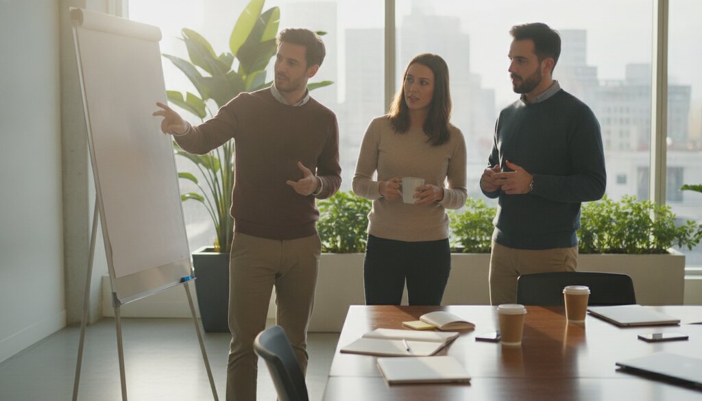 Softwareteam overlegt bij een whiteboard in een lichte vergaderruimte