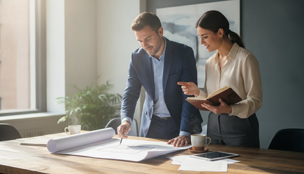 Twee collega's bespreken projectplannen aan een vergadertafel