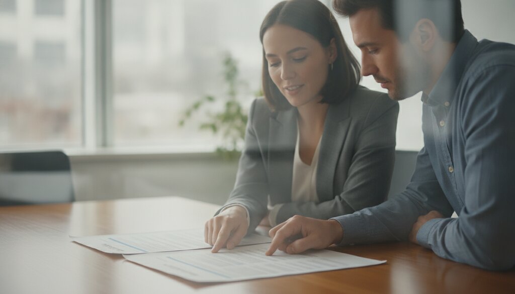 Twee collega's bespreken een budgetdocument in een vergaderruimte