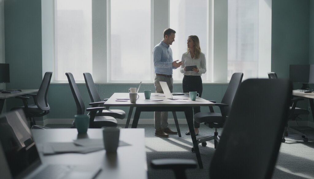 Twee collega's overleggen in een security operations room met laptops op tafel