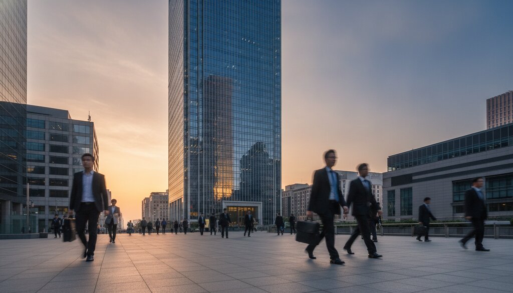 Glazen bankgebouw in een financieel district bij zonsopgang