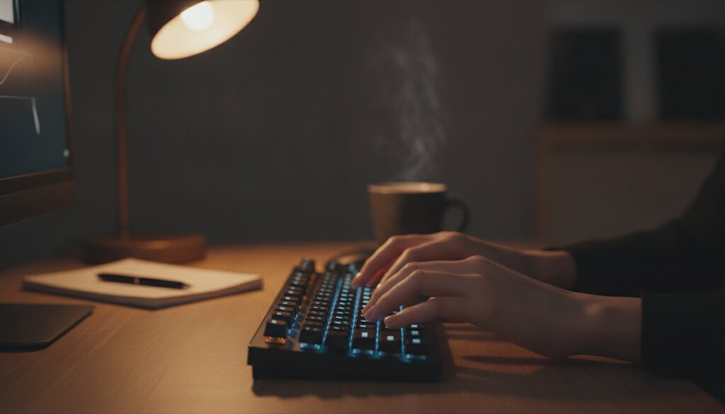 Handen typen op een verlicht toetsenbord in een donker kantoor tijdens beveiligingswerk