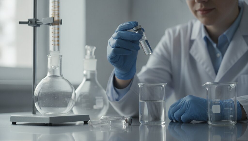 Onderzoeker houdt een glazen buisje met heldere vloeistof vast naast laboratoriumglaswerk