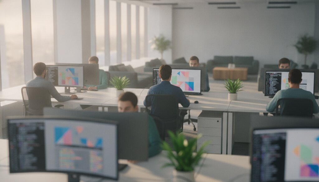 Softwareontwikkelaars aan het werk op een moderne kantoorvloer