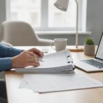 Accountant bekijkt spreadsheets op papier naast een laptop
