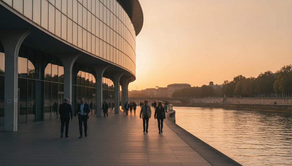 Europees overheidsgebouw aan de rivier in Straatsburg bij zonsondergang
