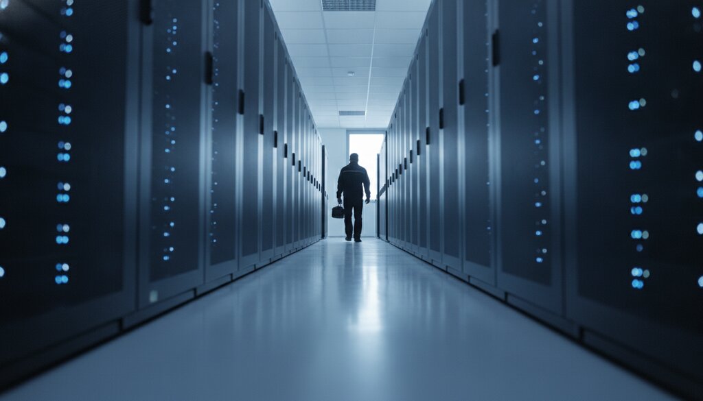 Gang tussen serverracks in een datacenter met blauwe statuslampjes