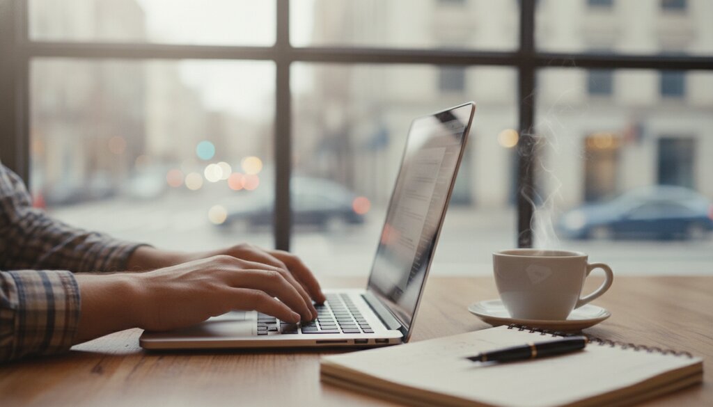 Handen van een ontwikkelaar op een laptop aan een cafetafel