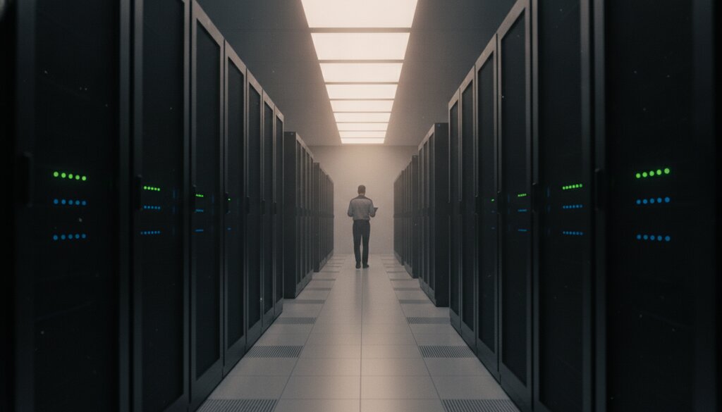Technicus loopt door een rustig datacenter met serverkasten