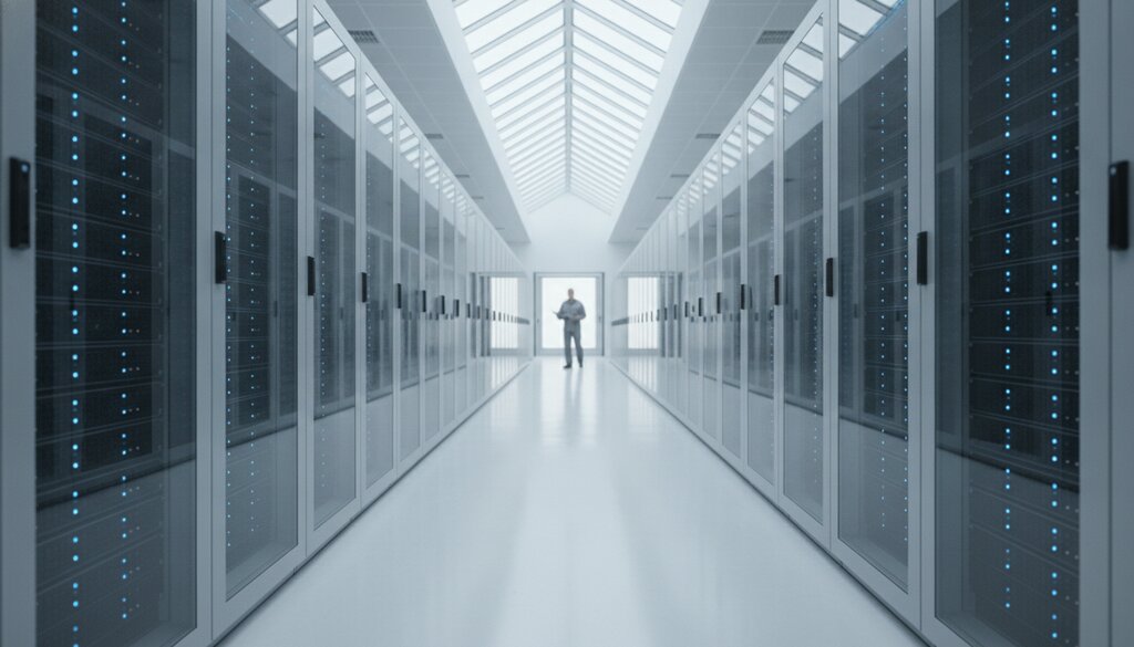 Engineer loopt door een lichte gang van een datacenter met serverracks