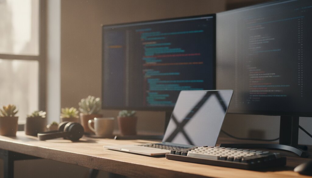 Werkplek van een ontwikkelaar met laptop en twee schermen vol abstracte code