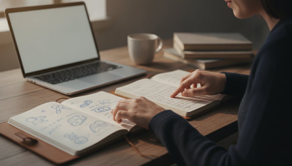 Onderzoeker vergelijkt twee notitieboeken naast een laptop