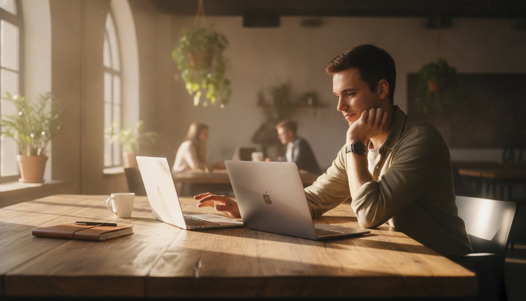 Gebruiker kiest tussen twee laptops met verschillende AI-antwoorden