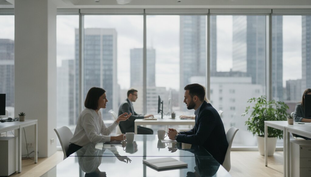 Fintech-team overlegt aan een glazen tafel in een licht kantoor