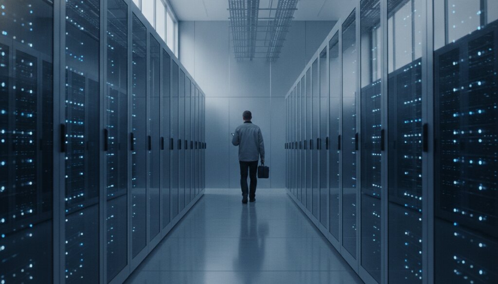 Technicus loopt door een gang met serverracks in een datacenter