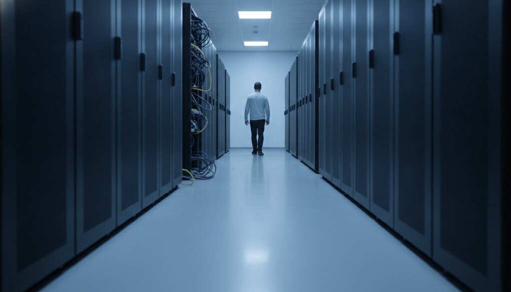 Gang tussen serverracks in een datacenter met blauwe verlichting