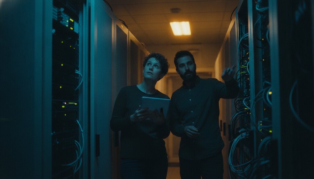 Twee technici bekijken serverracks in een donkere datacentergang