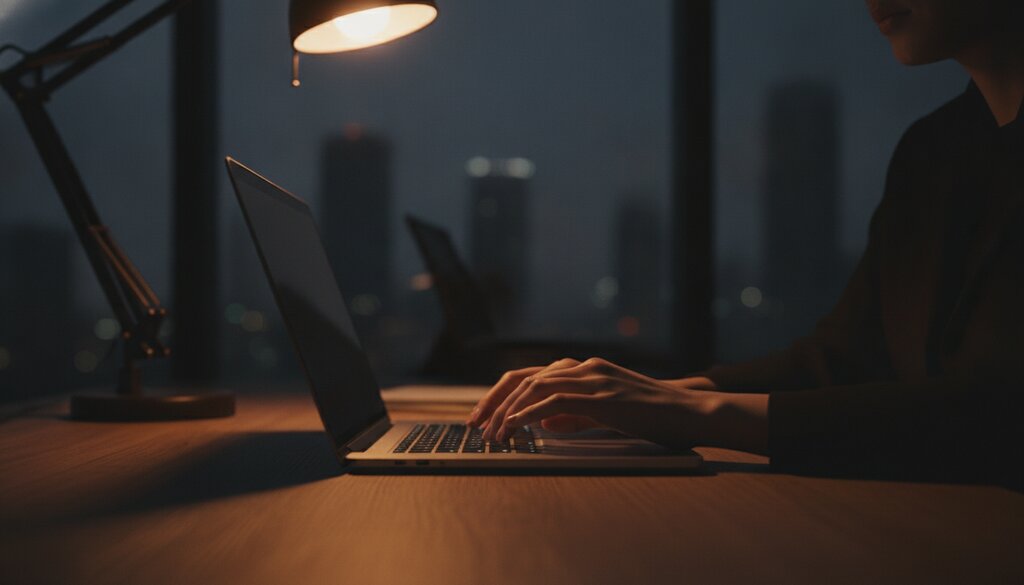 Handen typen op een laptop in een donker kantoor bij nacht