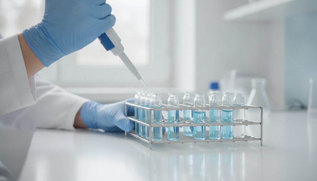 Gehandschoende handen met een pipet boven monstervials op een labtafel