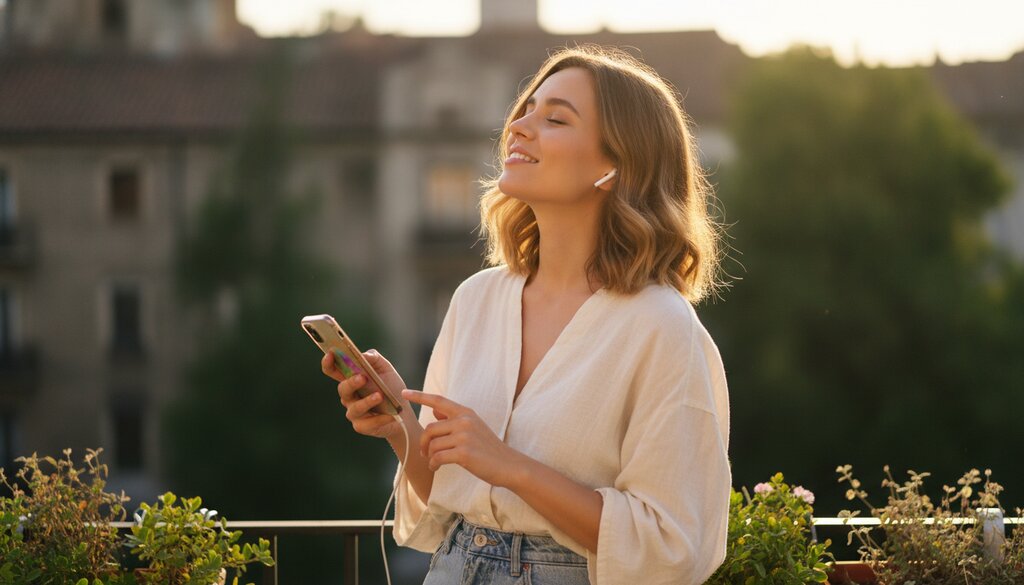 Vrouw luistert op een balkon naar muziek via oordopjes en smartphone