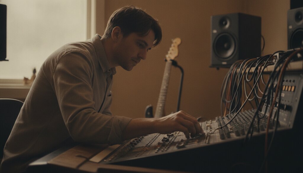 Muzikant bedient een mengpaneel in een kleine opnamestudio