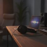 Koptelefoon en laptop in een thuisstudio, symbool voor AI-muziek en streamingfraude
