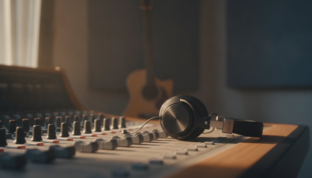 Koptelefoon op een mengpaneel in een muziekstudio met zacht zijlicht