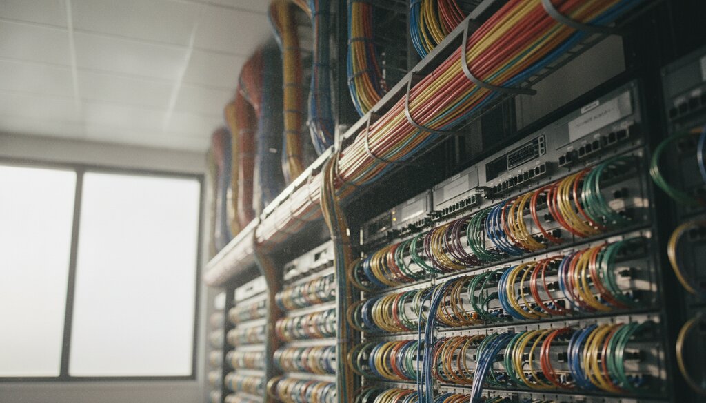Bundels glasvezelkabels en patchpanelen aan een wand in een netwerkruimte