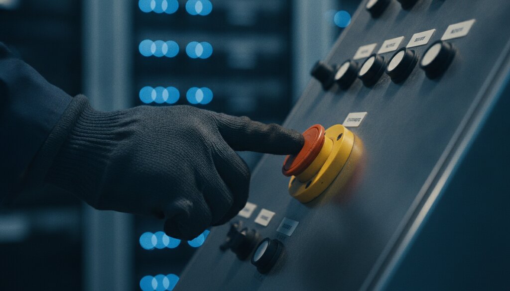 Hand bij een grote rode noodstopknop op een bedieningspaneel in een serverruimte