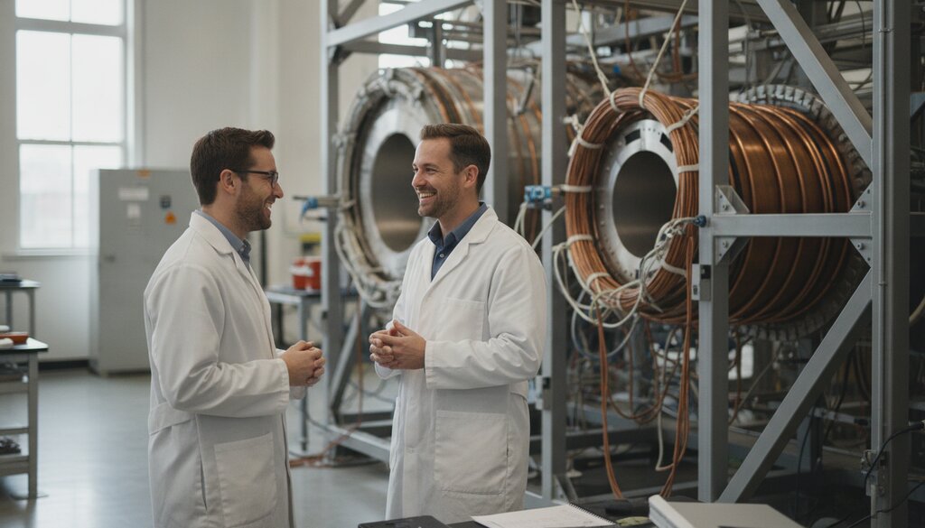 Twee onderzoekers in labjassen praten bij een experimentele opstelling met koperen spoelen